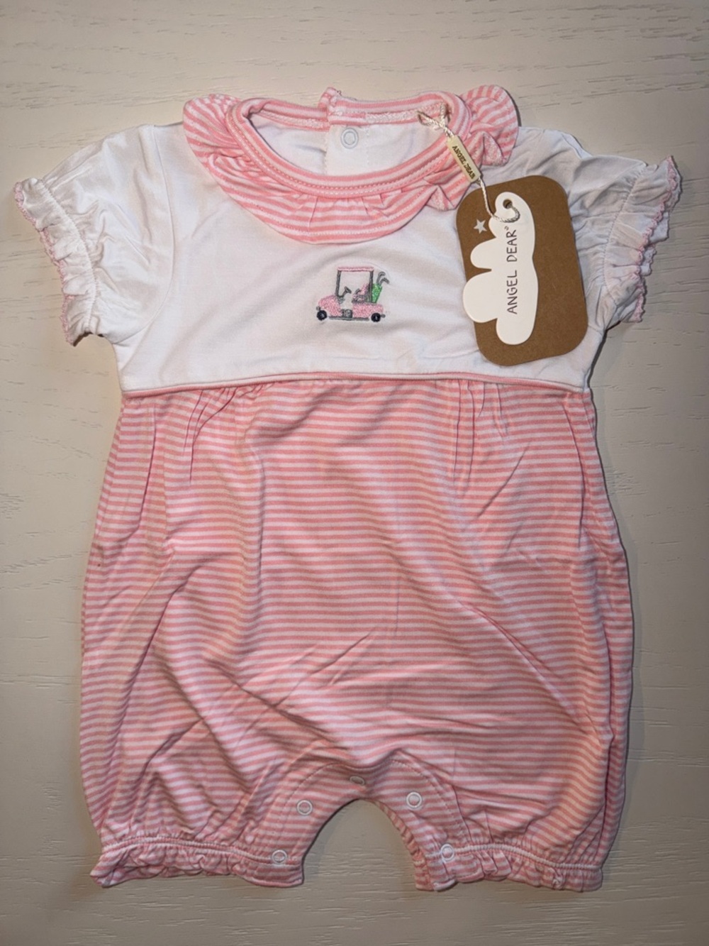 Angel Dear Pink & White Striped Golf Romper 3-6 6-12 12-18 18-24 months